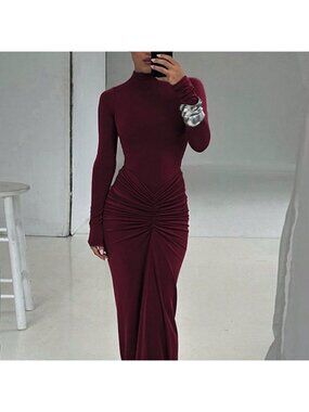Burgundy Elegant Women's Fitted Crew Neck Long Sleeve Ruffle Hem Dress